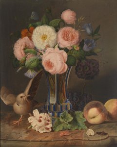 Een bloemenstilleven met een vogel en een sprinkhaan door Georg Seitz