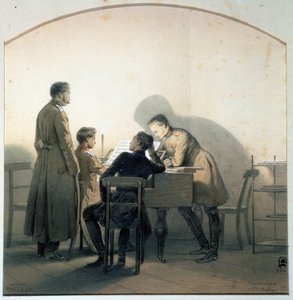 Aan de piano, Russische soldaten spelen piano tijdens de Krimoorlog, schilderij van George Wilhelm Timm (1820-1895), aquarel en potlood op papier door Georg Wilhelm Timm