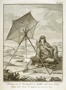 Vrouw van Dsjidda maakt platbrood in de woestijn, gegraveerd door C.J. de Huyser, gepubliceerd ca. 1772-74