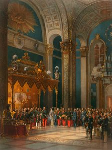 Hulde van Kozakkenofficieren in de Troonzaal, kroning van Tsaar Alexander II, Moskou, 1856