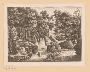 Waterval in bos met twee vissers op voorgrond door Georg Wolfgang Knorr (possibly)