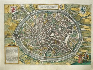 Kaart van Brugge, België, uit Civitates Orbis Terrarum door Georg Braun en Franz Hogenberg, Keulen, gravure door Georg Braun and Hogenberg Franz