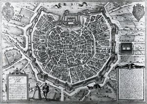 Stadskaart van Milaan, 1572, door Antonio Lafreri, gepubliceerd door Georg Braun en Franz Hogenberg, Italië door Georg Braun and Hogenberg Franz