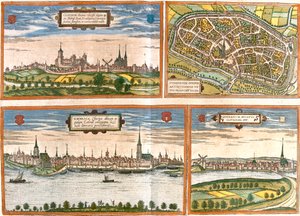 Kleef, Duisburg, Emmerich, Genappe, Duitsland, België door Georg and Hogenberg Franz (1535 90) Braun