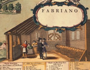 Detail van papierindustrie van de stad Fabriano door Georg Braun and Hogenberg Franz