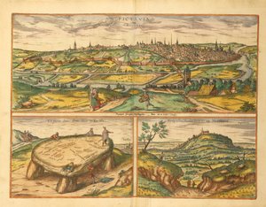 Dolmen bij Poitiers en stad Poitiers en Montherre uit Civitates Orbis Terrarum door Georg Braun