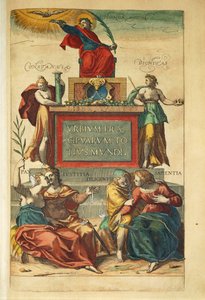 Frontispice van deel IV met allegorische figuren uit Civitates Orbis Terrarum door Georg Braun