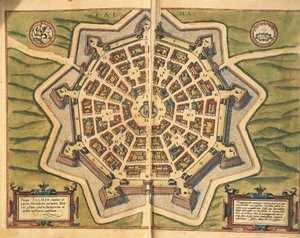 Italië, Palmanova, kaart, gravure uit Civitates Orbis Terrarum door Georg Braun and Hogenberg Franz