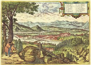 Linz, Oostenrijk door Georg and Hogenberg Franz (1535 90) Braun