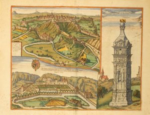 Luxemburg stad, Groothertogelijk Paleis en stenen monument uit Civitates Orbis Terrarum door Georg Braun and Hogenberg Franz