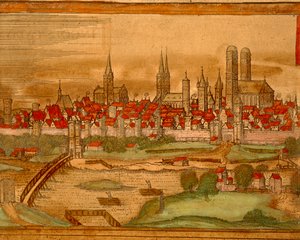 Kaart van de Stad München uit Civitates Orbis Terrarum door Georg Braun