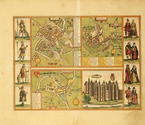 Kaart van York, Shrewsbury, Lancaster en Richmond Castle uit Civitates Orbis Terrarum door Georg Braun door Georg Braun and Hogenberg Franz