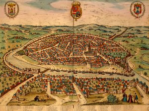 Spanje, Sevilla, Uitzicht op de stad, kleuren gravure uit Civitates Orbis Terrarum door Georg Braun en Franz Hogenberg