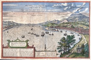 De Straat van Messina, tussen Sicilië en Calabrië (Italië) (gravure)