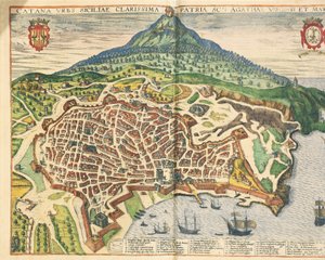 De stad Catania, uit Civitates Orbis Terrarum door Georg Braun and Hogenberg Franz