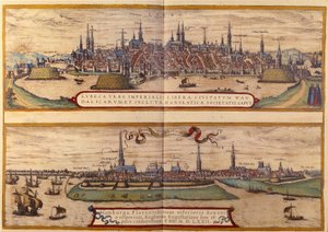 Bovenaanzicht van de stad Lübeck, onderaan de stad Hamburg in Duitsland. Gravure uit de Atlas van “Braun en Hogenberg” 1572 door Georg Braun and Hogenberg Franz