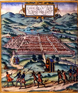 Cuzco, het belangrijkste centrum van de Inca-beschaving. Atlas van Braun & Hogenberg door Georg Braun and Hogenberg Franz