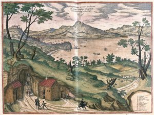 De baai van Napels en de Vesuvius, Italië, in 1579 (ets) door Georg Braun and Hogenberg Franz