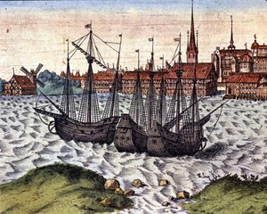 De haven van Lubeck na de Theatrum Orbis Terrarum van Braun en Hogenberg. 17e eeuw door Georg Braun and Hogenberg Franz