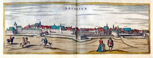 Gezicht op de stad Leipzig in Duitsland. Gravure uit de Atlas van 