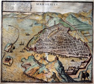 Uitzicht op de stad Marseille met stratenplan. Gravure uit de Atlas van Braun en Hogenberg 1572 Marseille, Musee de la Marine
