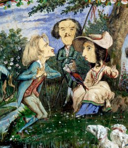 Waaier van karikaturen geschilderd in gouache door George Sand (Aurore Dupin, Baronne Dudevant) (1804-1876) en Auguste Charpentier (1815-1880): detail dat de schrijfster George Sand afbeeldt, omringd door Eugène Delacroix (midden) en Franz Liszt. 19e eeuw