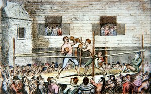 Een sparwedstrijd op de fives-baan, Londen, uit een prent gepubliceerd in 1812