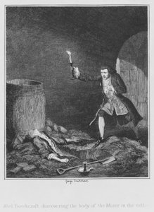 Abel Beechcroft ontdekt het lichaam van de Vrek in de kelder (gravure) door George (after) Cruikshank