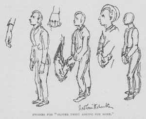 Studies voor "Oliver Twist vraagt om meer" door George (after) Cruikshank