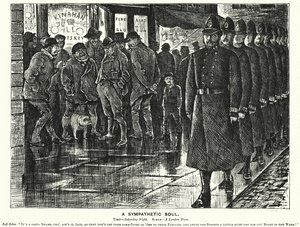 Punch cartoon: Een sympathieke ziel - politie in de sloppenwijken van Londen door George (after) Du Maurier