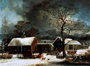 Winterscène in New Haven, ca. 1858 (kleur litho)