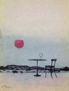 Gemorst rode wijn uit glas op buitentafel wordt de Ondergaande Zon door George Adamson