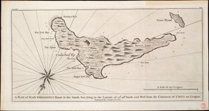 Een plan van Juan Fernandes Eiland in de Zuidzee, gelegen op de breedte van 33d. 40m. zuid, en west van het continent Chili 110 mijlen, c.1750 door George Anson
