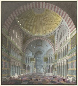 Interieur van de Aya Sophia met geknielde en staande Turken