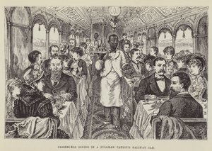 Passagiers dineren in een Pullman salonrijtuig