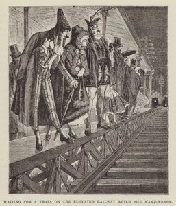 Wachten op een trein op de verhoogde spoorweg na het gemaskerd bal door George Augustus Sala