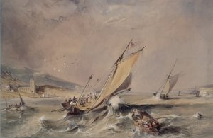 Kustscène: Boten bij de Ingang van een Haven door George Balmer