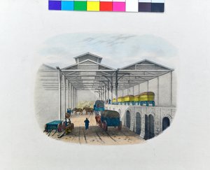 Uitzicht op overslagdepot voor vracht, ca. 1830 (litho op papier) door George Barnard