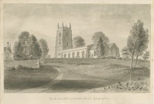 Ellastone Kerk: sepia tekening door George Buckler