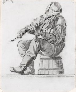 Fiddler (studie voor The Jolly Flatboatmen) (recto) door George Caleb Bingham