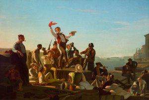Vrolijke platbodemers in de haven door George Caleb Bingham