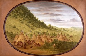 Een Ojibwe-dorp met tenten van huiden door George Catlin