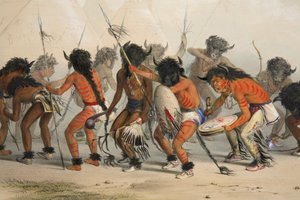 Buffalo Dance (detail), uitgegeven 1845, kleurenlithografie door George Catlin