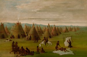 Comanche Dorp, Vrouwen die Robes Kleden en Vlees Drogen, 1834-1835 door George Catlin