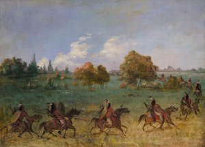 Comanche-oorlogspartij op mars, volledig uitgerust door George Catlin