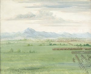 Comanche krijgers, met witte vlag, ontvangen de dragonders door George Catlin