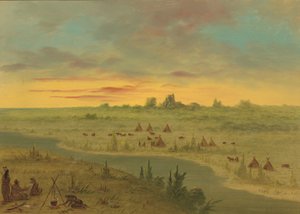 Kampement van Pawnee Indianen bij zonsondergang