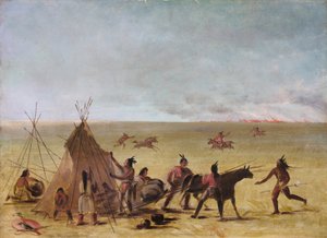 Indiaanse familie gealarmeerd bij de nadering van een prairiebrand door George Catlin