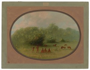 Indianen en paarden in het bos door George Catlin