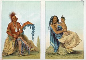 Indianen van Amerika: Portret van een leider van de Osage genaamd Clermont met zijn vrouw en zoon. Illustratie door George Catlin (1794-1872) door George Catlin